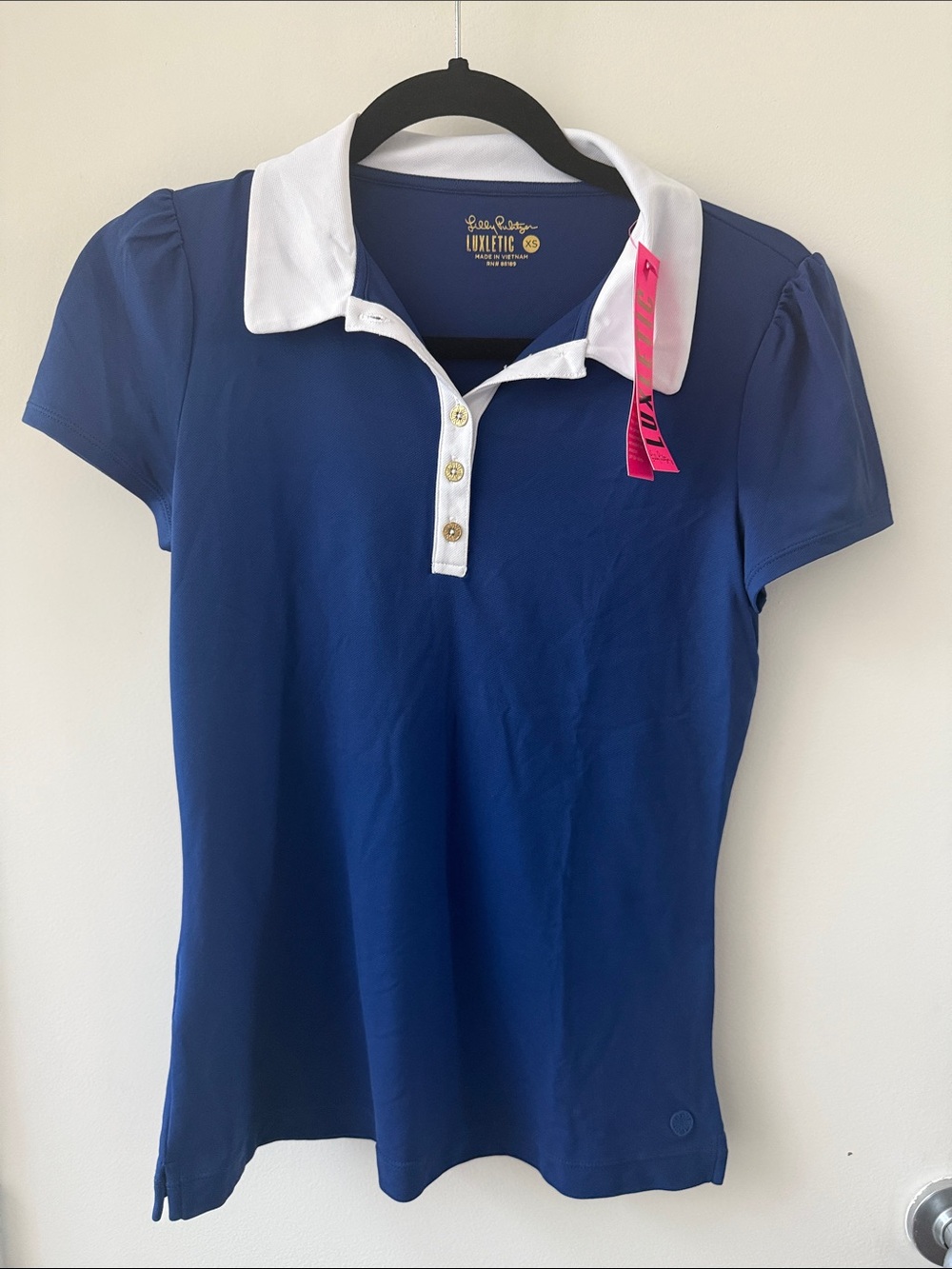 Lilly Pulitzer Luxletic UPF50 Frida Puff Sleeve Oyster Bay Navy Polo XS Golf